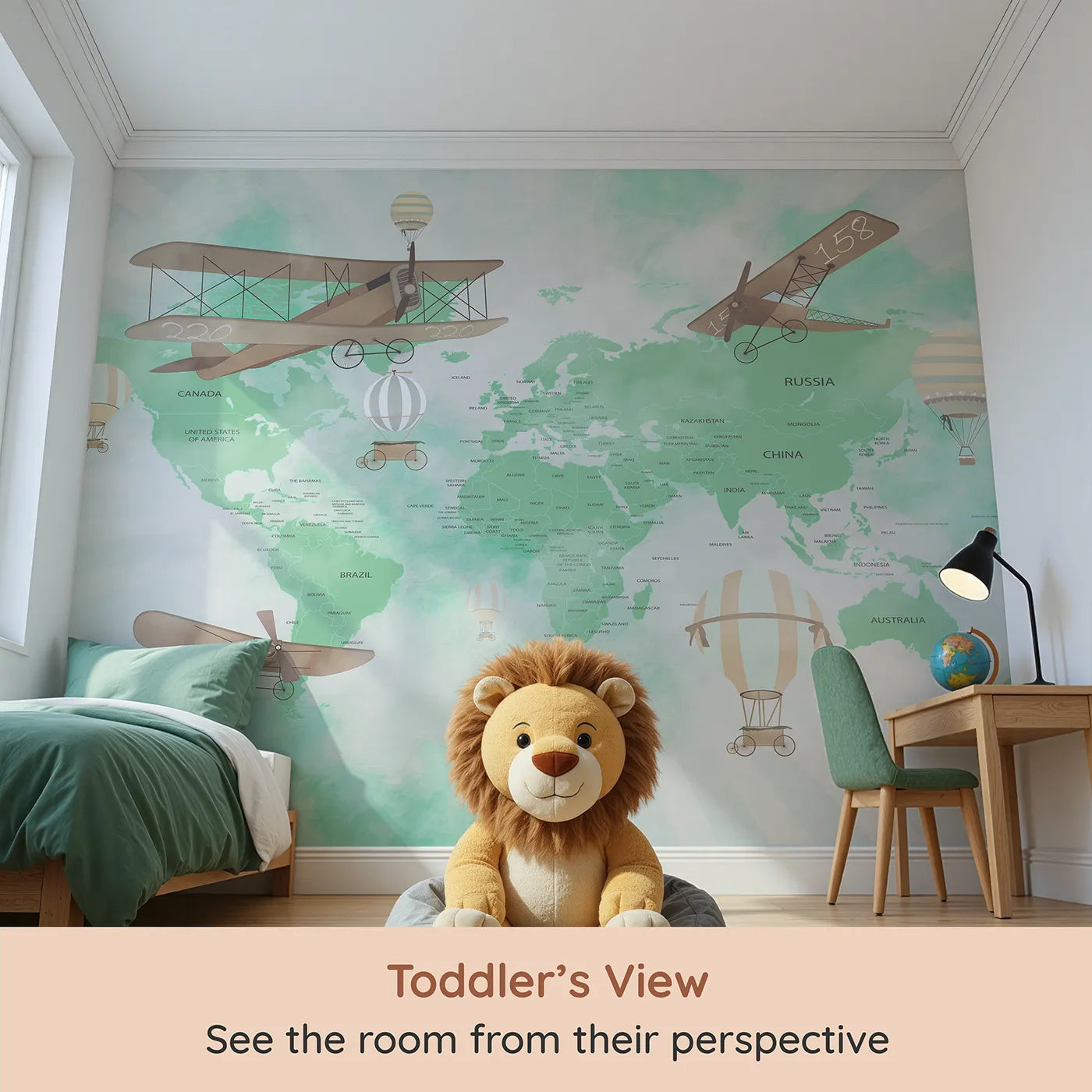 Whimsy Tots Green Vintage Aviator World Map Wall Mural (Turn Their Room into a Grand, Old-World Air Show) from your child's view.Gender-Neutral