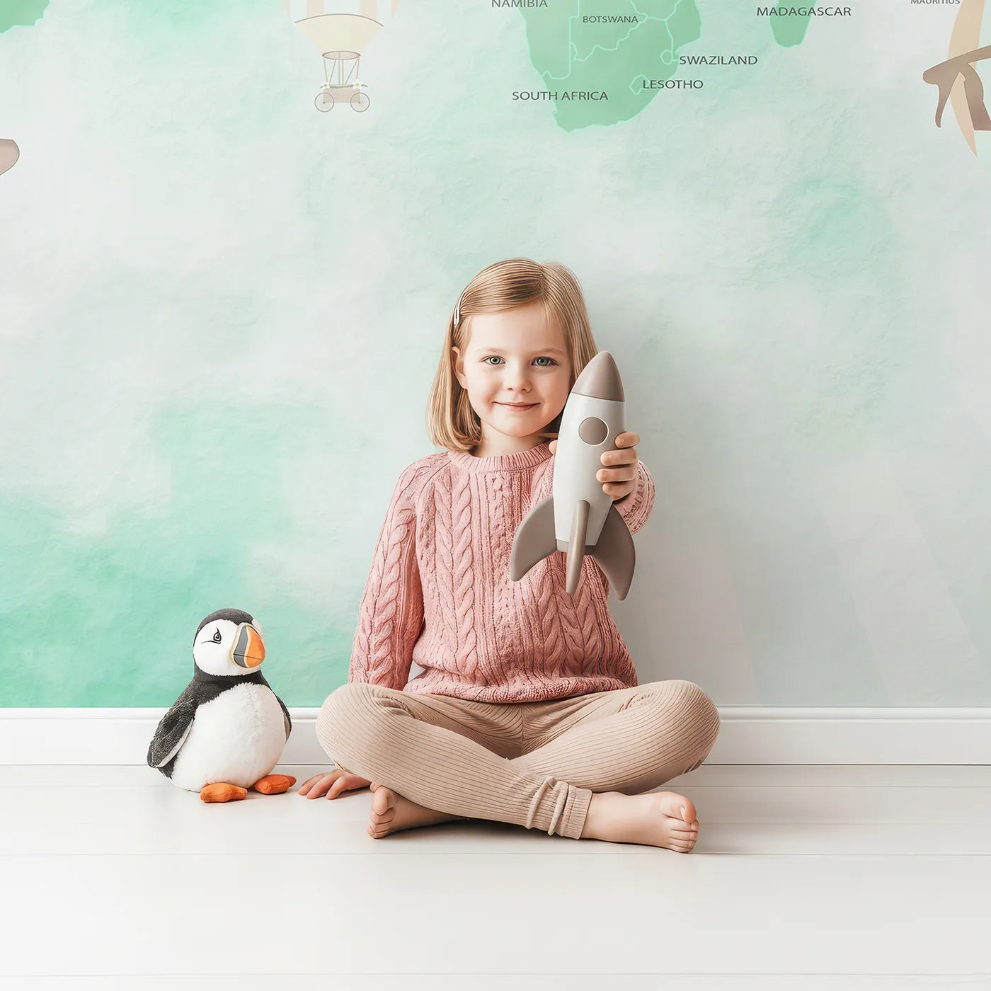 Child in front of Whimsy Tots Green Vintage Aviator World Map Wall Mural with map, world, airplane, balloon, vintage, travel, educational, green in design.