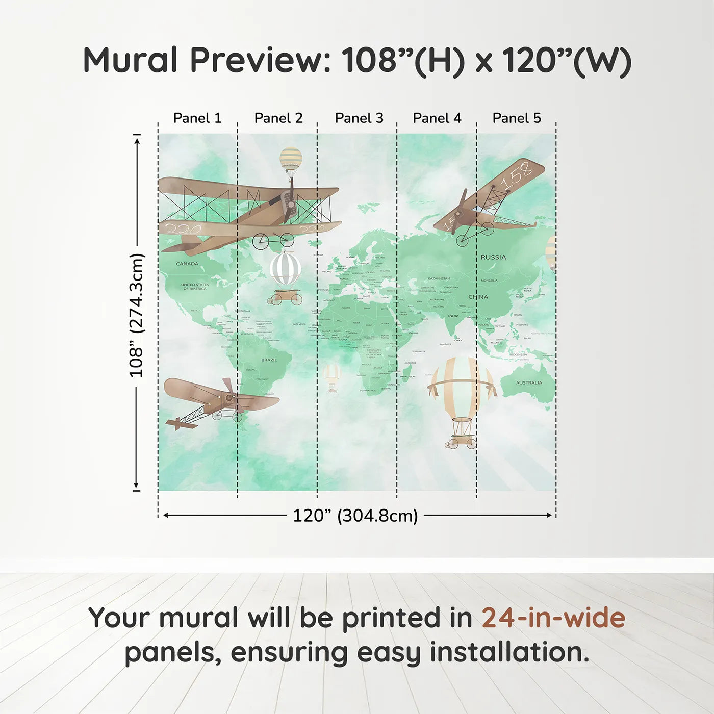 Whimsy Tots Green Vintage Aviator World Map Wall Muraldimension view (108" H x 120" W). Printed in five 24-inch-wide panels. Gender-Neutral