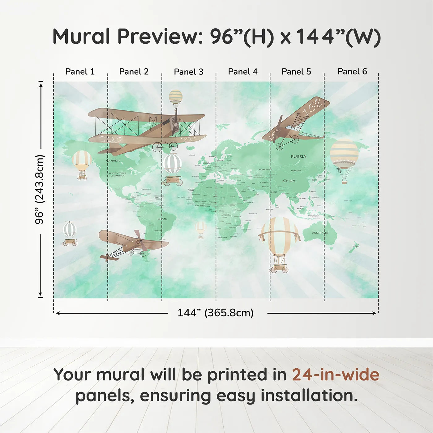 Whimsy Tots Green Vintage Aviator World Map Wall Muraldimension view (96" H x 144" W). Printed in six 24-inch-wide panels. Gender-Neutral