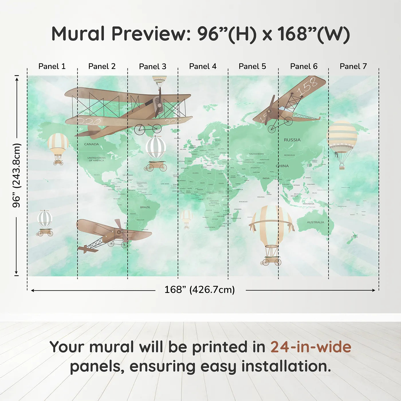 Whimsy Tots Green Vintage Aviator World Map Wall Muraldimension view (96" H x 168" W). Printed in seven 24-inch-wide panels. Gender-Neutral