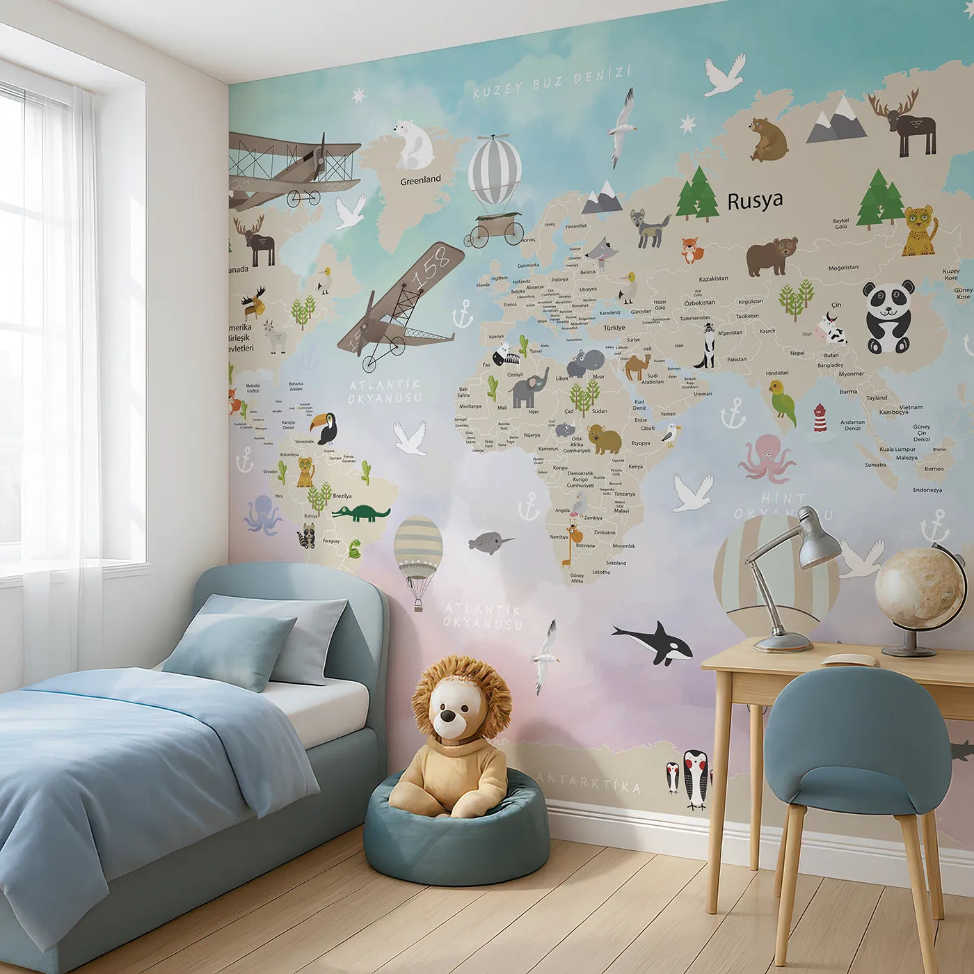 Angled view of Whimsy Tots' Watercolor Animal World Map Wall Mural (Turn Their Room into a Whimsical, Globe-Trotting Adventure).Gender-Neutral