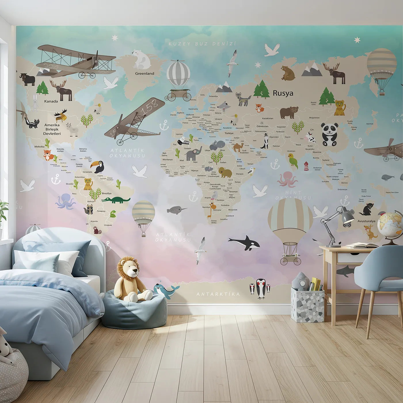 Front view of Whimsy Tots' Watercolor Animal World Map Wall Mural