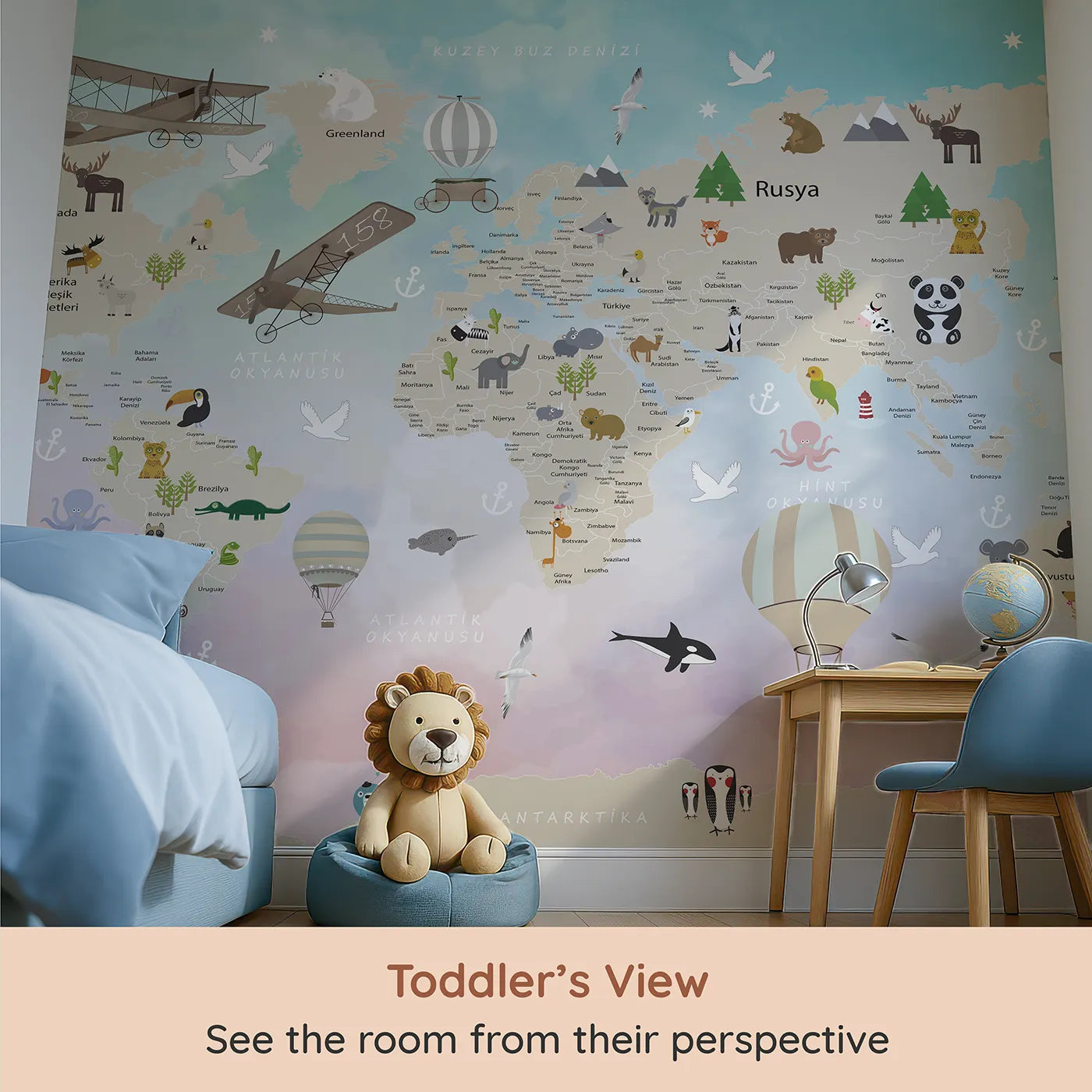 Whimsy Tots Watercolor Animal World Map Wall Mural (Turn Their Room into a Whimsical, Globe-Trotting Adventure) from your child's view.Gender-Neutral