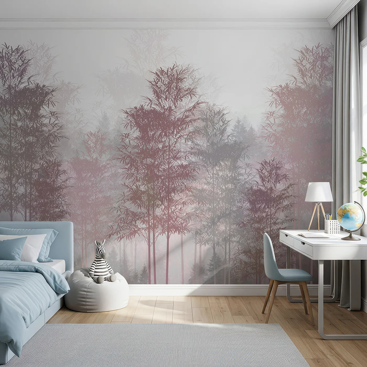 Front view of Whimsy Tots' Misty Rose Gold Forest Wall Mural