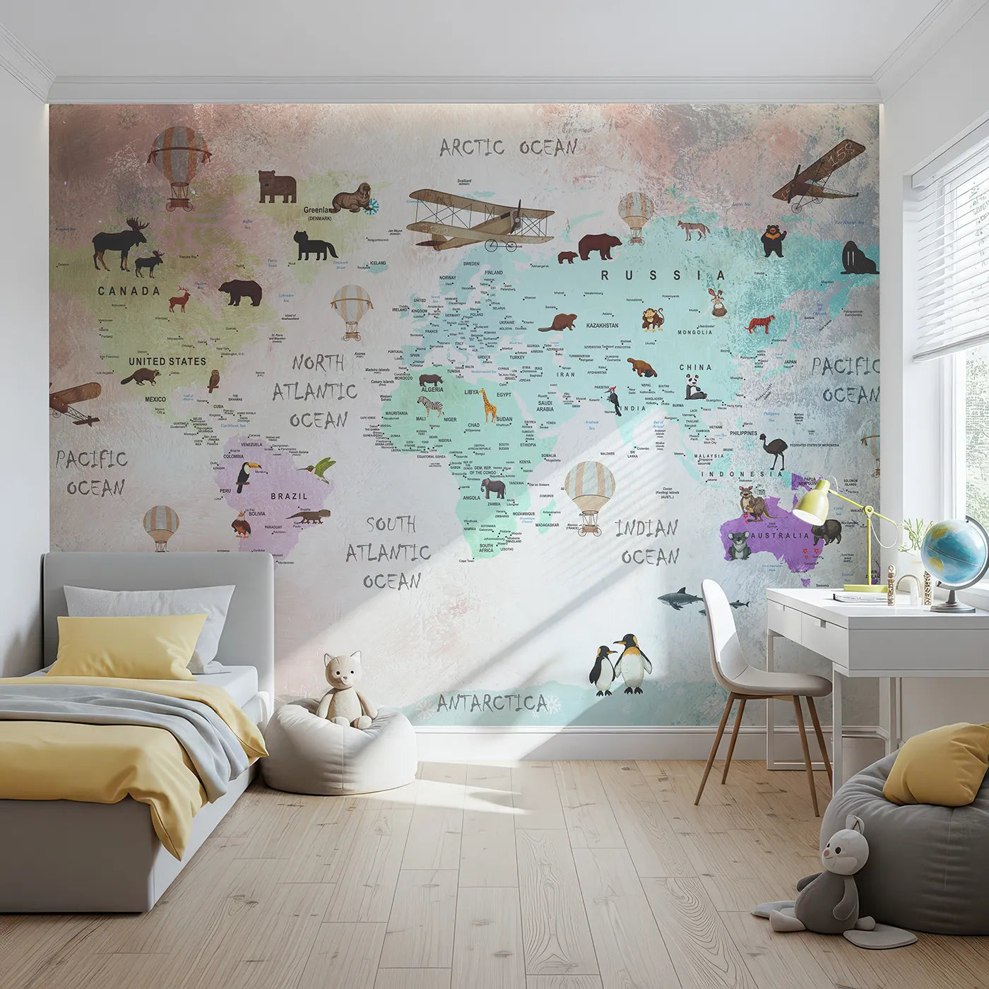 Front view of Whimsy Tots' Painted World Explorer Map Wall Mural