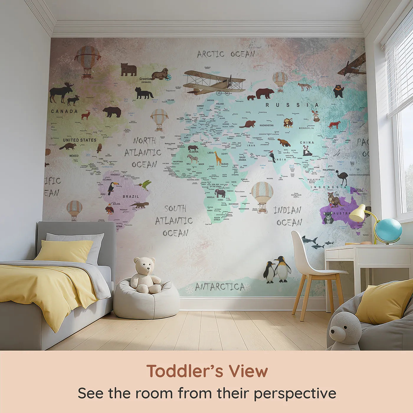 Whimsy Tots Painted World Explorer Map Wall Mural (Turn Their Room into a Grand, Artistic Adventure) from your child's view.Gender-Neutral