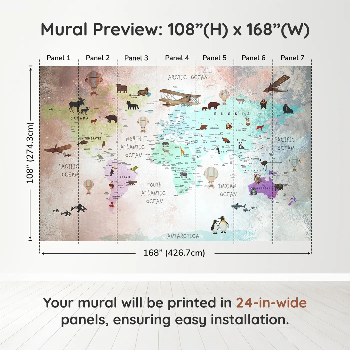 Whimsy Tots Painted World Explorer Map Wall Muraldimension view (108" H x 168" W). Printed in seven 24-inch-wide panels. Gender-Neutral