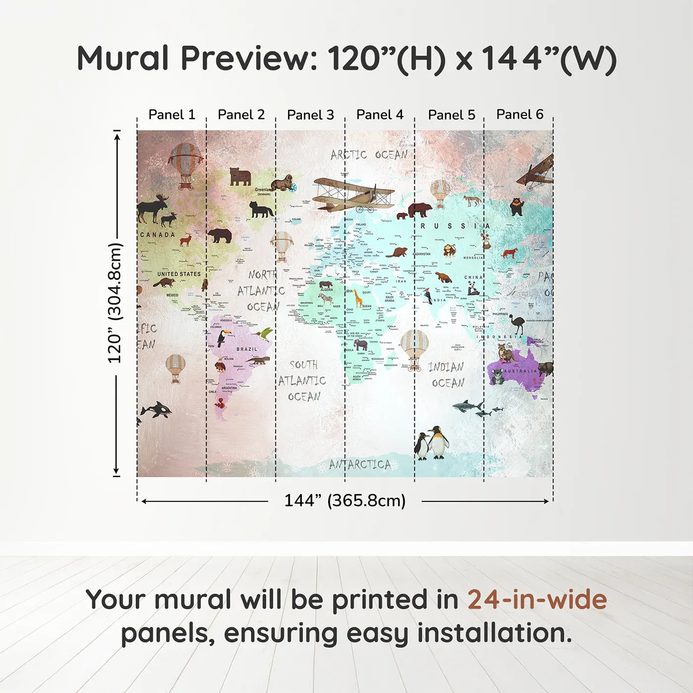 Whimsy Tots Painted World Explorer Map Wall Muraldimension view (120" H x 144" W). Printed in six 24-inch-wide panels. Gender-Neutral