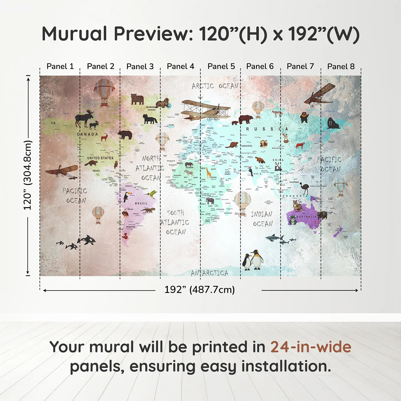 Whimsy Tots Painted World Explorer Map Wall Muraldimension view (120" H x 192" W). Printed in eight 24-inch-wide panels. Gender-Neutral