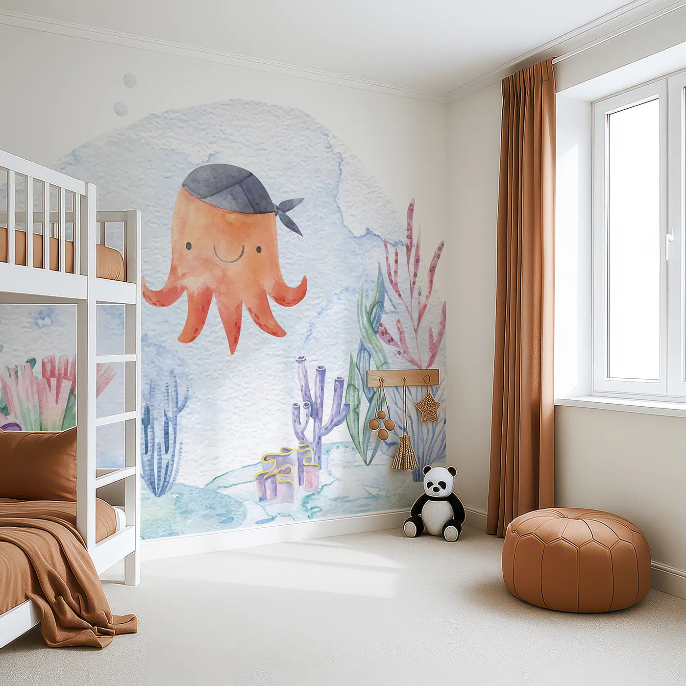 Angled view of Whimsy Tots' Pirate Octopus Wall Mural (Turn Their Room into a Swashbuckling Underwater Adventure).Gender-Neutral