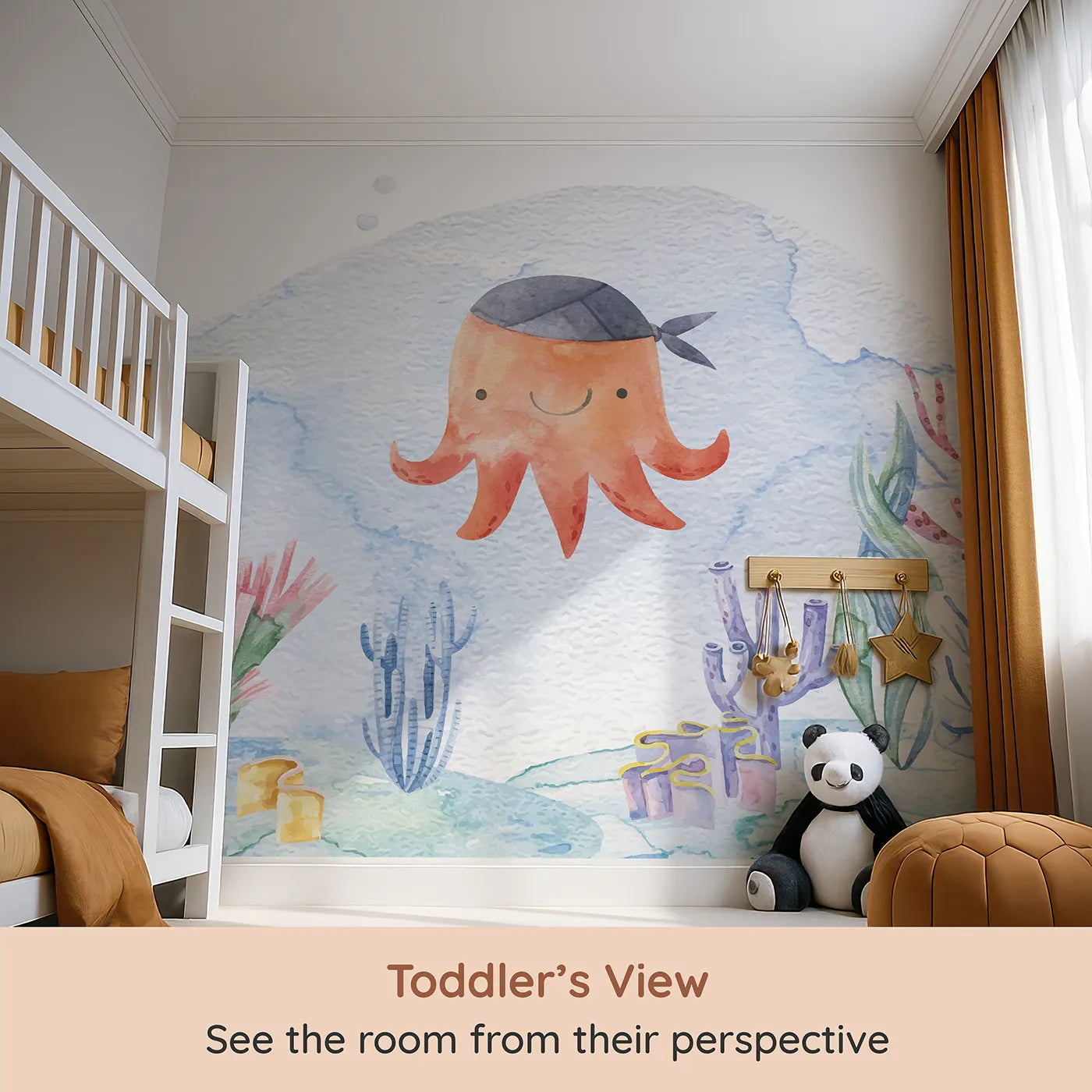 Whimsy Tots Pirate Octopus Wall Mural (Turn Their Room into a Swashbuckling Underwater Adventure) from your child's view.Gender-Neutral
