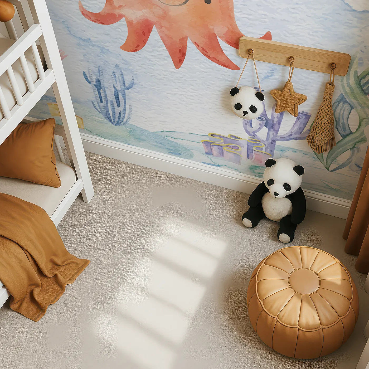 Top-down view of Whimsy Tots' Pirate Octopus Wall Mural (Turn Their Room into a Swashbuckling Underwater Adventure).Gender-Neutral