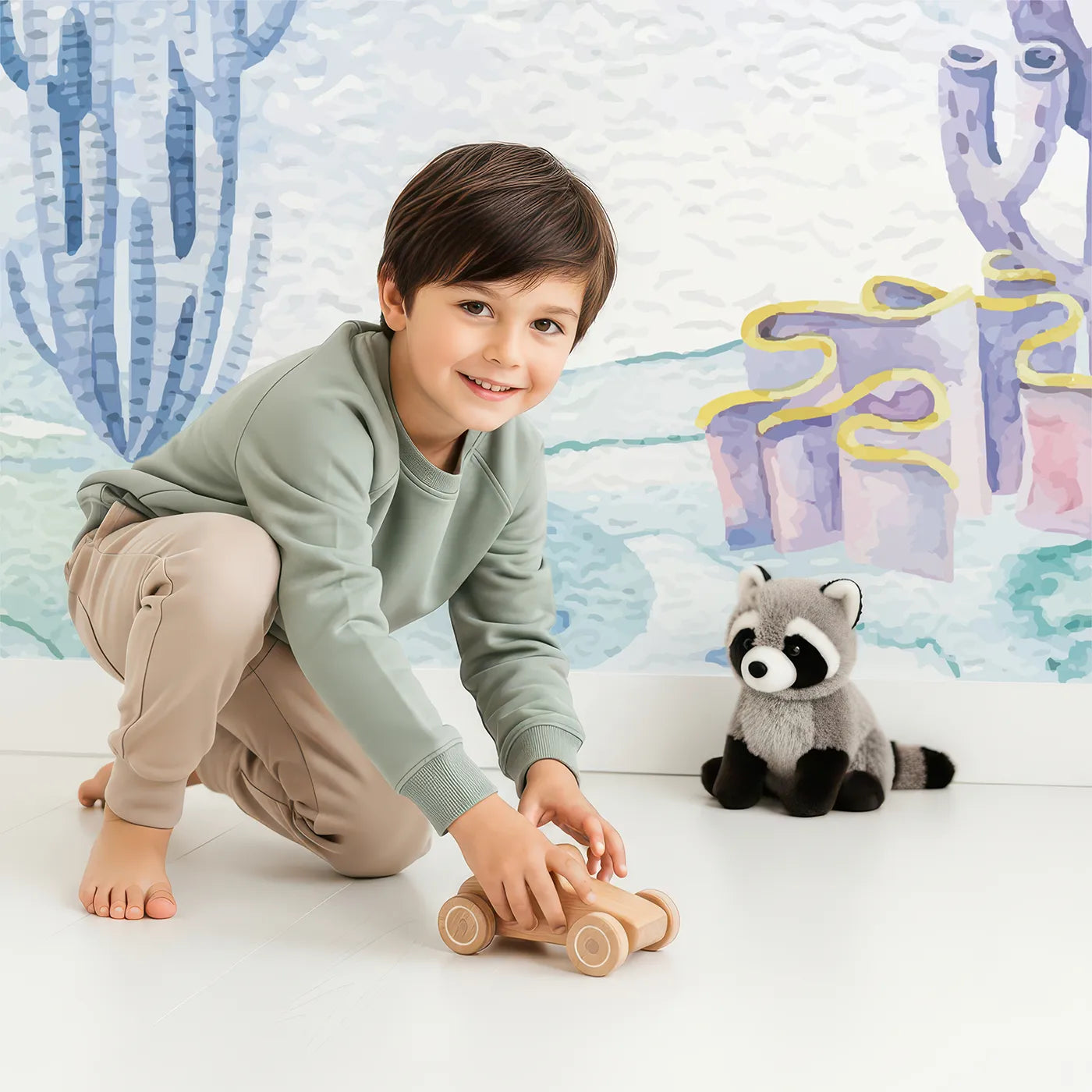 Child in front of Whimsy Tots Pirate Octopus Wall Mural with octopus, pirate, cute, watercolor, sea, ocean, coral, animal in design.