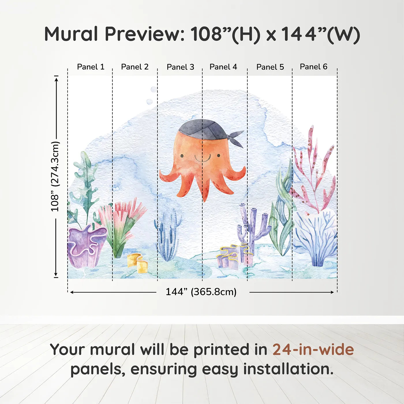 Whimsy Tots Pirate Octopus Wall Muraldimension view (108" H x 144" W). Printed in six 24-inch-wide panels. Gender-Neutral