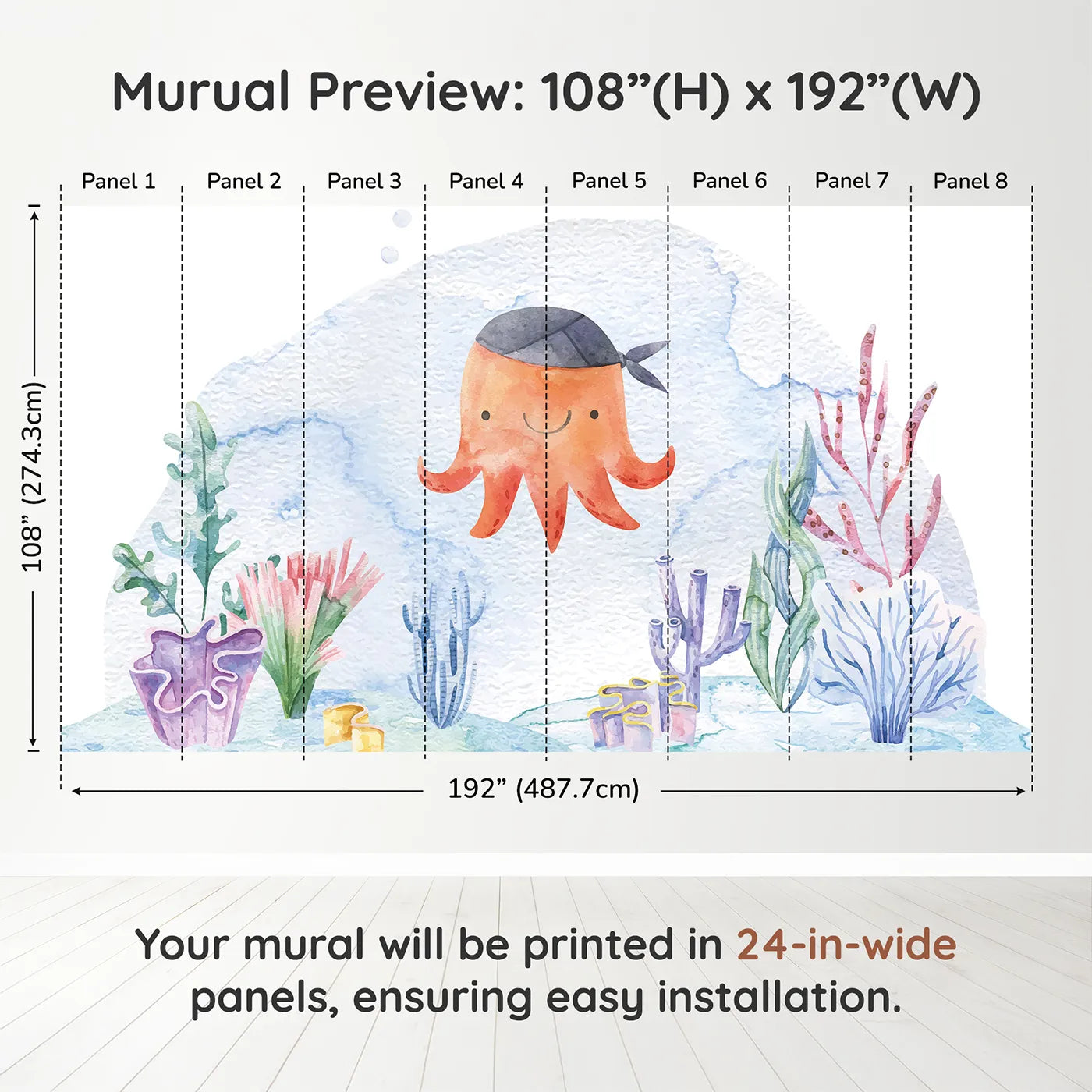 Whimsy Tots Pirate Octopus Wall Muraldimension view (108" H x 192" W). Printed in eight 24-inch-wide panels. Gender-Neutral