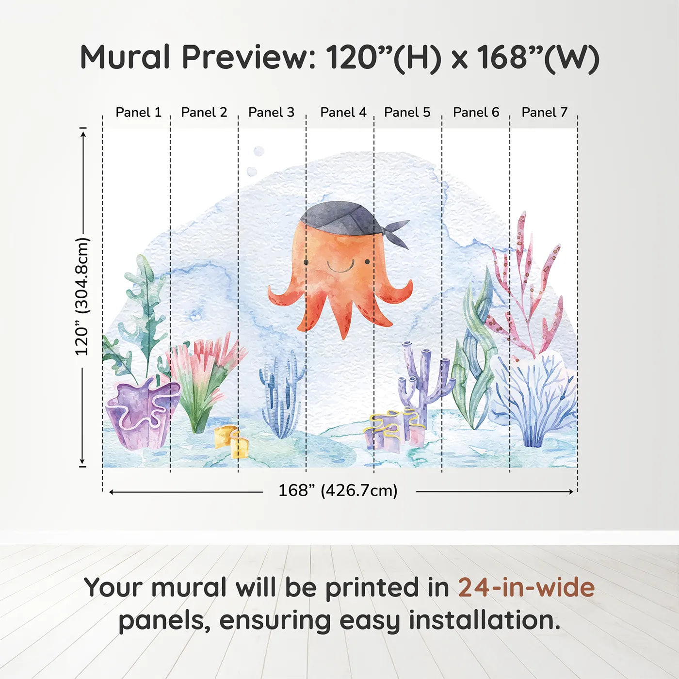 Whimsy Tots Pirate Octopus Wall Muraldimension view (120" H x 168" W). Printed in seven 24-inch-wide panels. Gender-Neutral