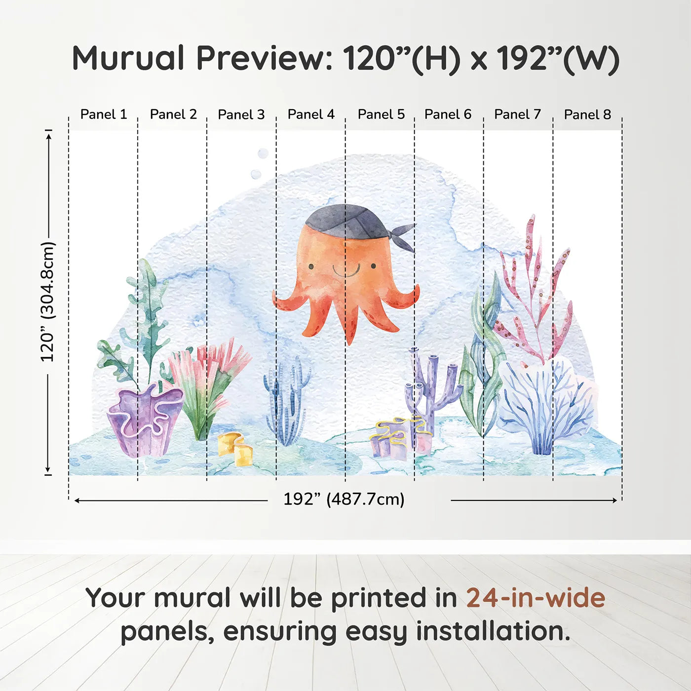 Whimsy Tots Pirate Octopus Wall Muraldimension view (120" H x 192" W). Printed in eight 24-inch-wide panels. Gender-Neutral