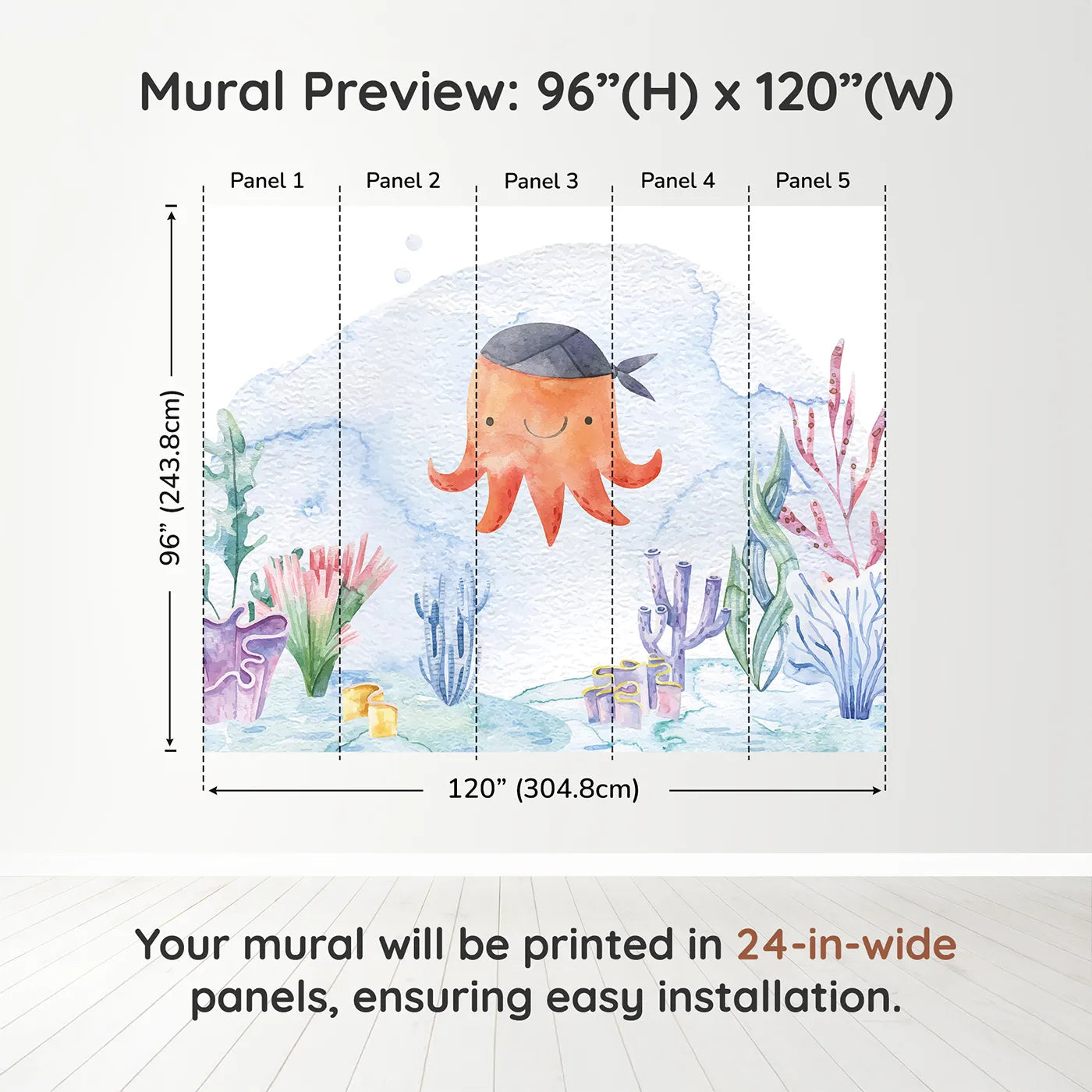 Whimsy Tots Pirate Octopus Wall Muraldimension view (96" H x 120" W). Printed in five 24-inch-wide panels. Gender-Neutral