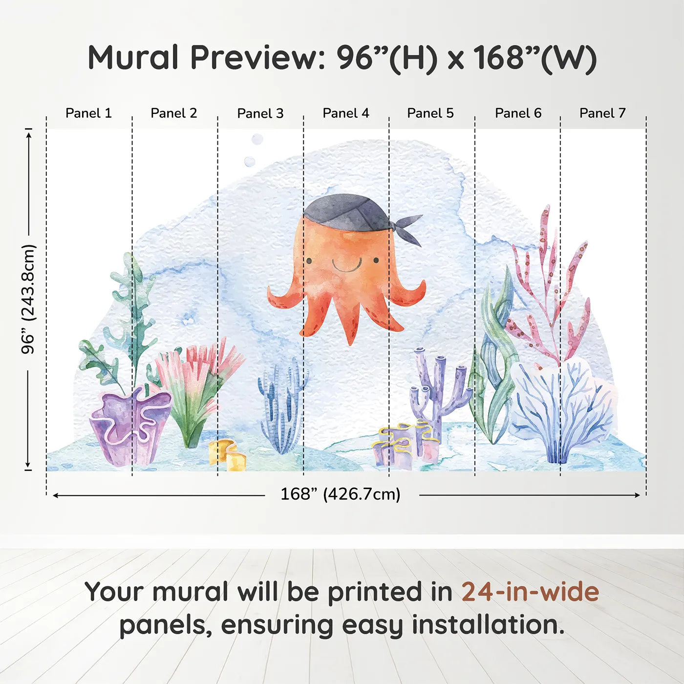 Whimsy Tots Pirate Octopus Wall Muraldimension view (96" H x 168" W). Printed in seven 24-inch-wide panels. Gender-Neutral