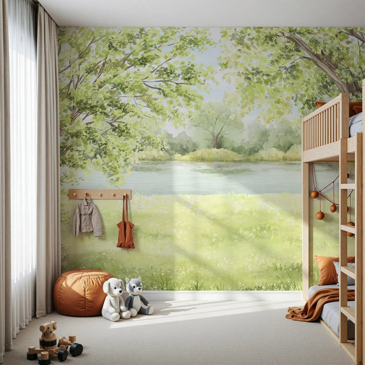 Front view of Whimsy Tots' Summer Riverbank Wall Mural