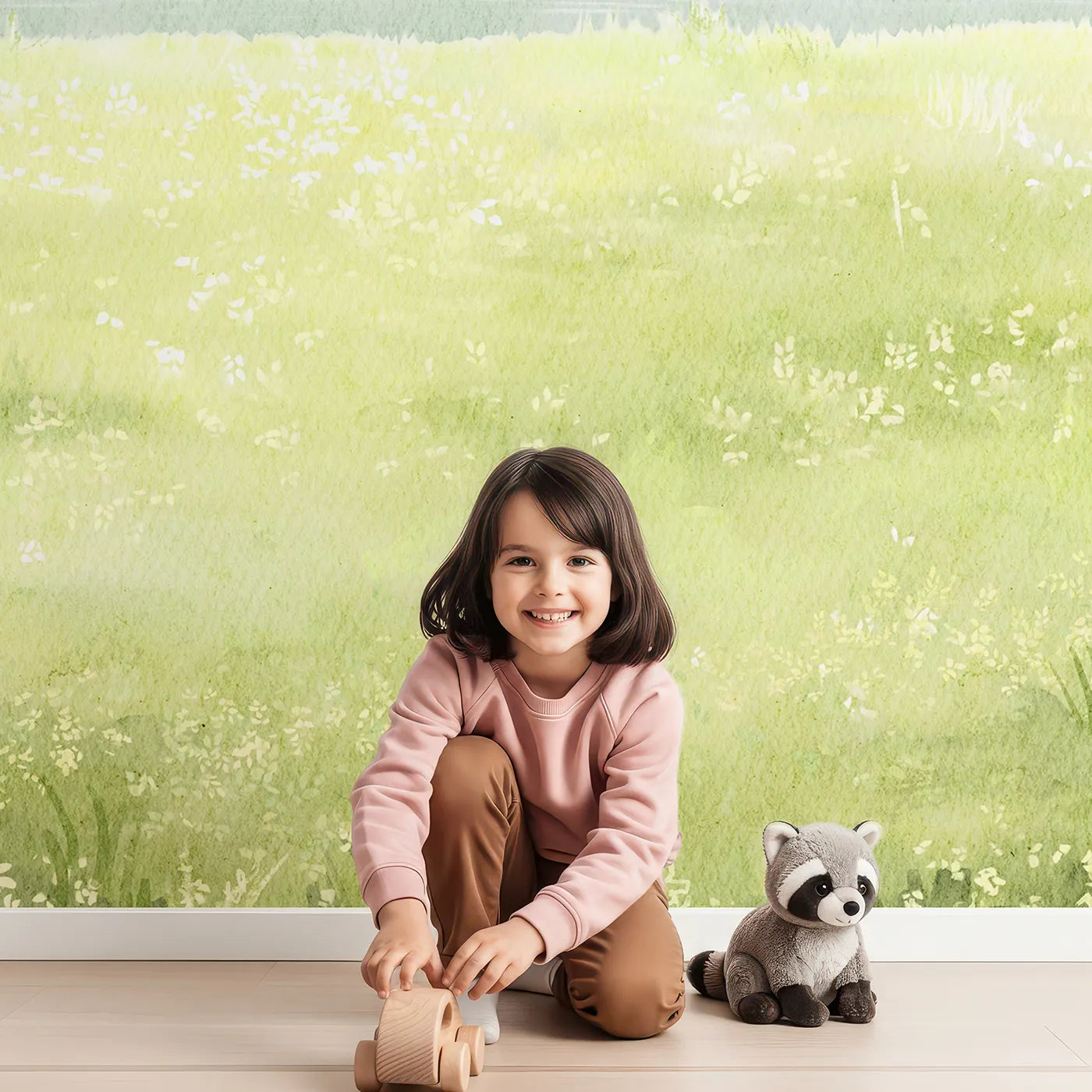 Child in front of Whimsy Tots Summer Riverbank Wall Mural with river, landscape, tree, summer, green, watercolor, nature, calm in design.