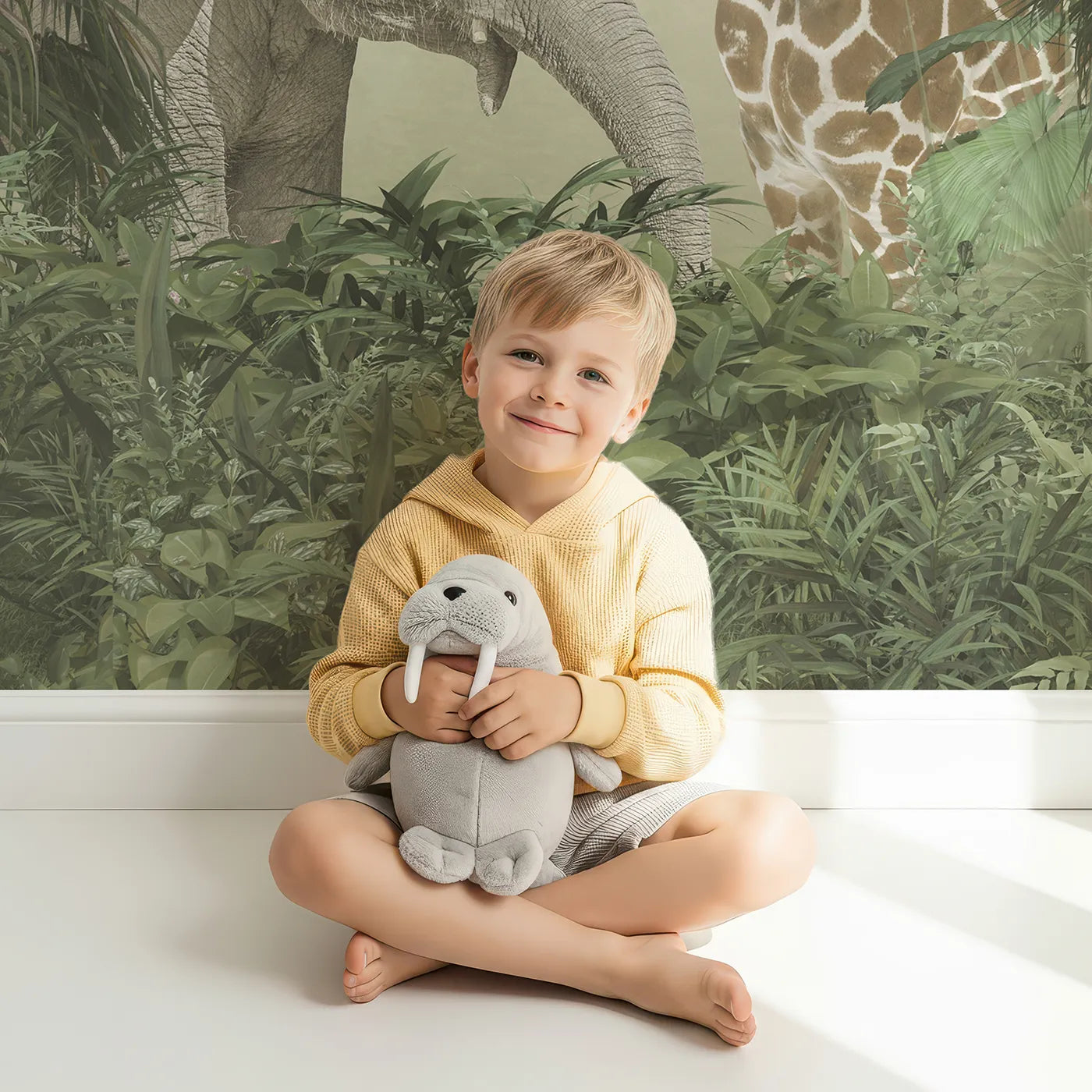 Child in front of Whimsy Tots Misty Jungle Giants Wall Mural with safari, jungle, mist, elephant, giraffe, realistic, animal, nature in design.