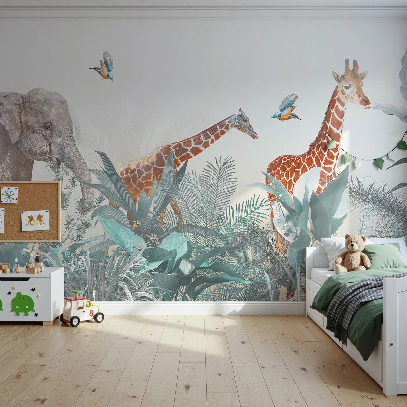 Front view of Whimsy Tots' Jungle Friends Gathering Wall Mural in Teal
