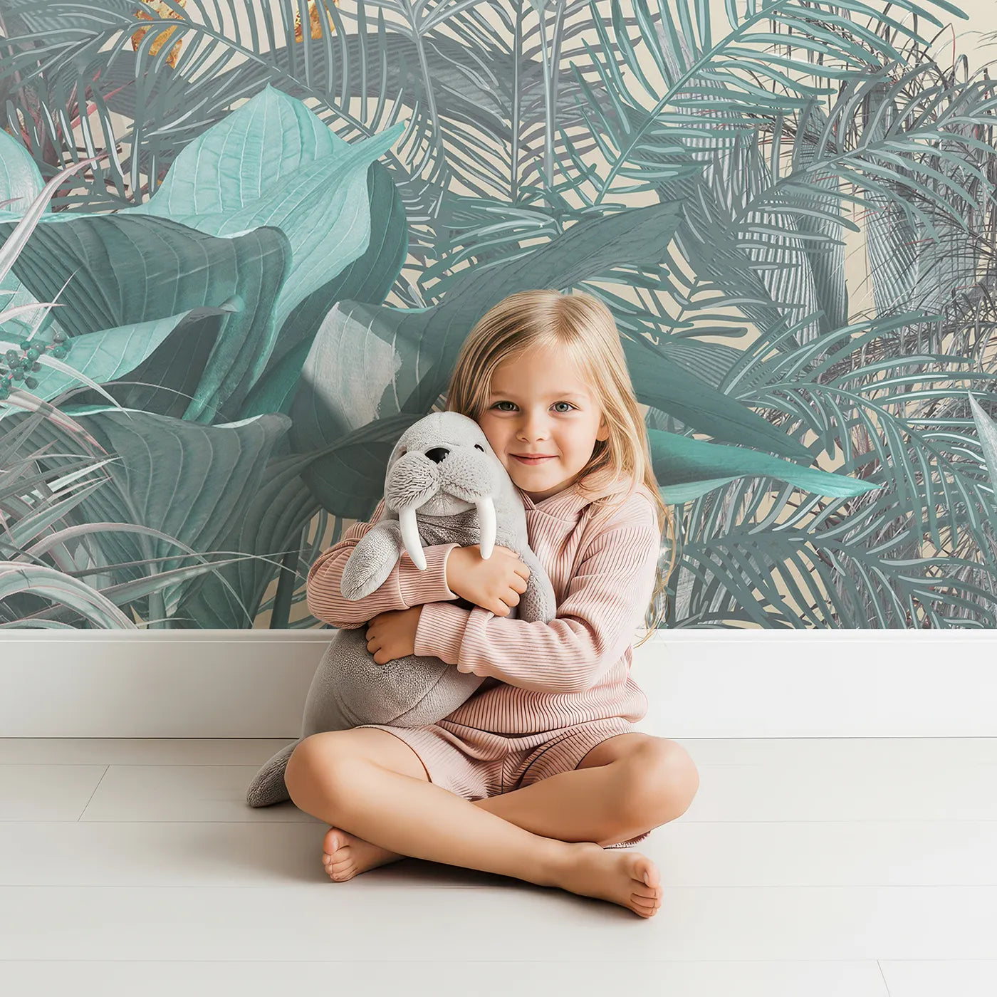Child in front of Whimsy Tots Jungle Friends Gathering Wall Mural in Teal with safari, jungle, animal, realistic, elephant, giraffe, teal, tropical in design.