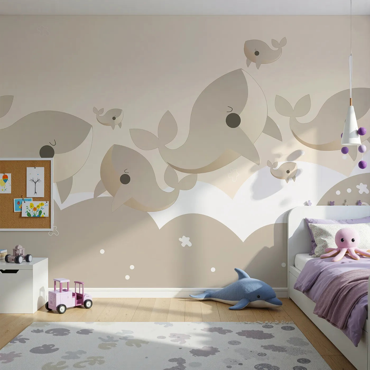 Front view of Whimsy Tots' Flying Whale Family Wall Mural