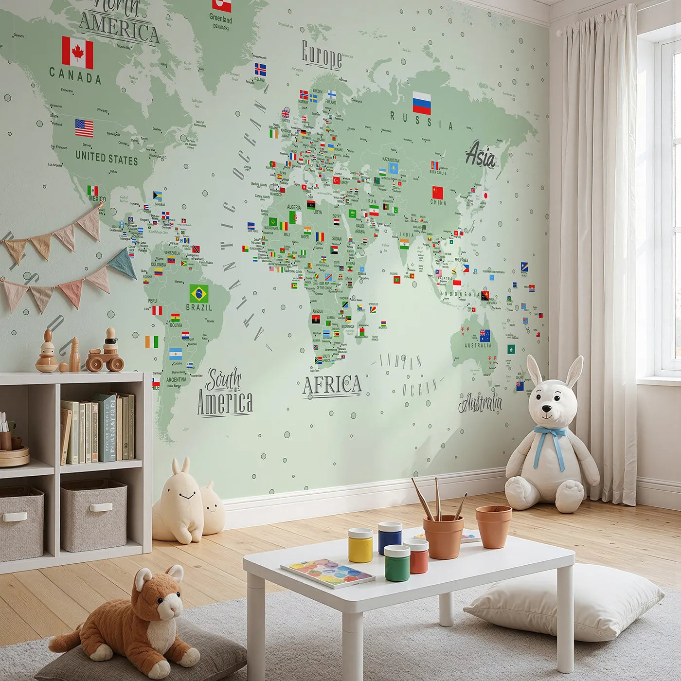 Angled view of Whimsy Tots' World Map with Flags and Pins Wall Mural (Turn Their Room into a Global Command Center).Gender-Neutral