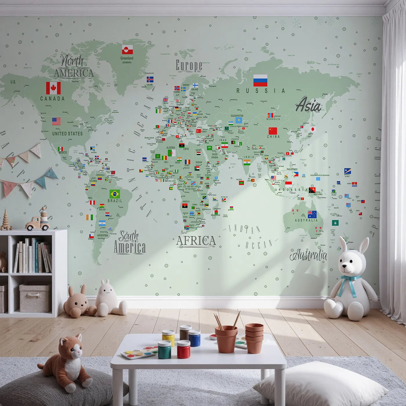 Front view of Whimsy Tots' World Map with Flags and Pins Wall Mural