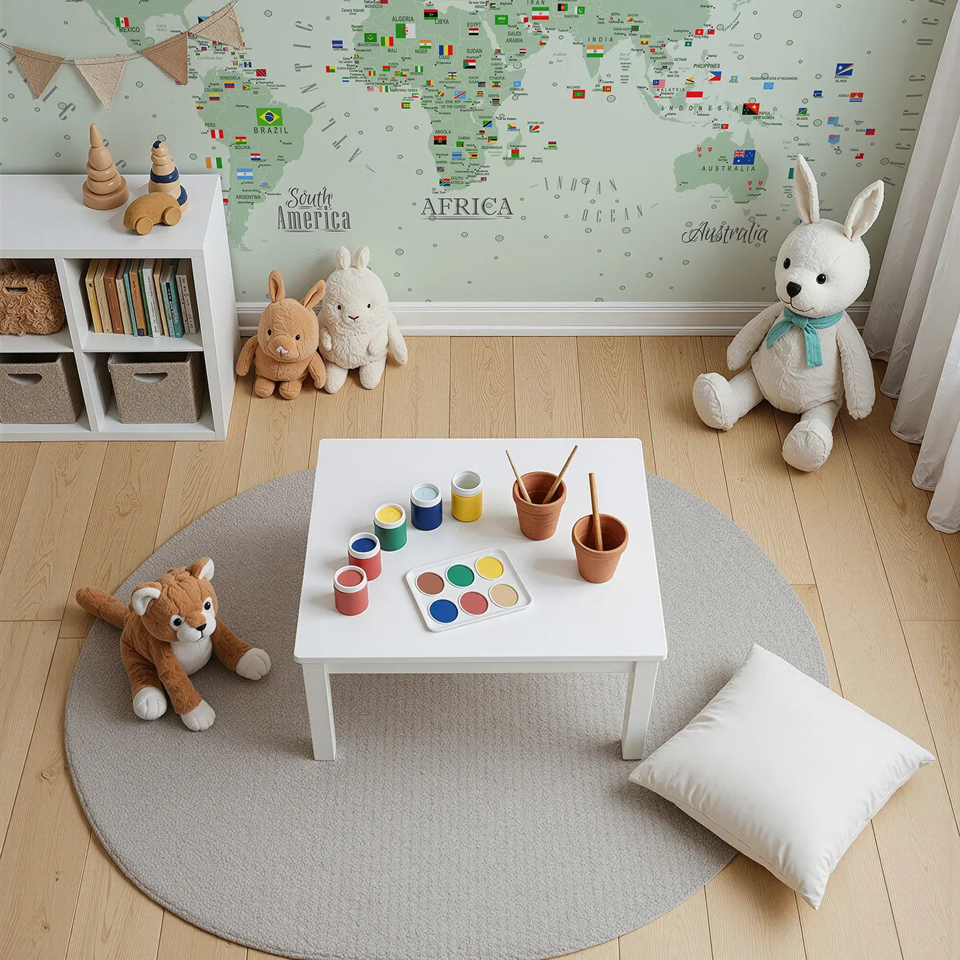 Top-down view of Whimsy Tots' World Map with Flags and Pins Wall Mural (Turn Their Room into a Global Command Center).Gender-Neutral