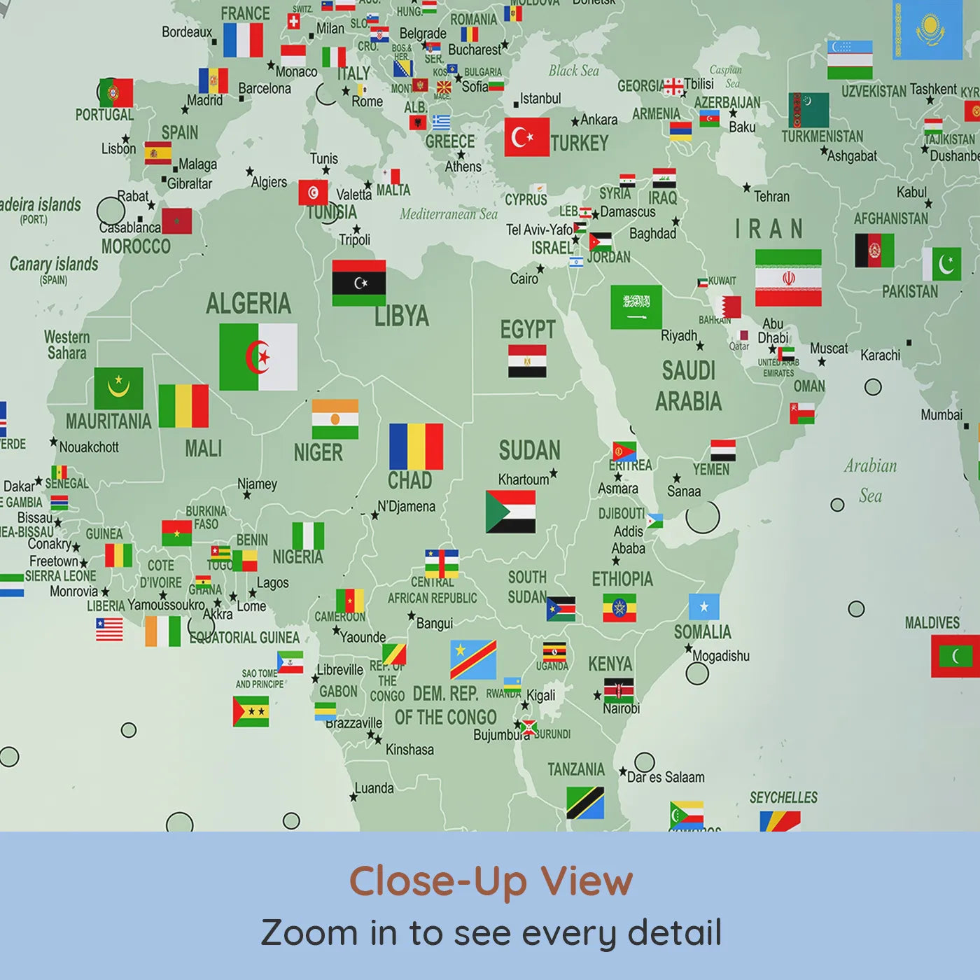 Close-up view of Whimsy Tots' World Map with Flags and Pins Wall Mural (Turn Their Room into a Global Command Center).Gender-Neutral