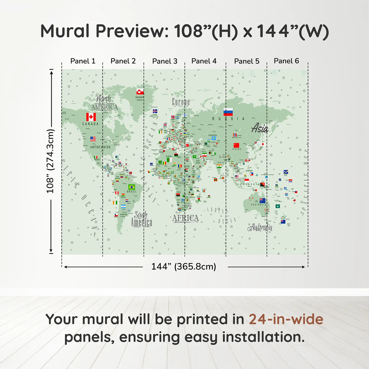Whimsy Tots World Map with Flags and Pins Wall Muraldimension view (108" H x 144" W). Printed in six 24-inch-wide panels. Gender-Neutral