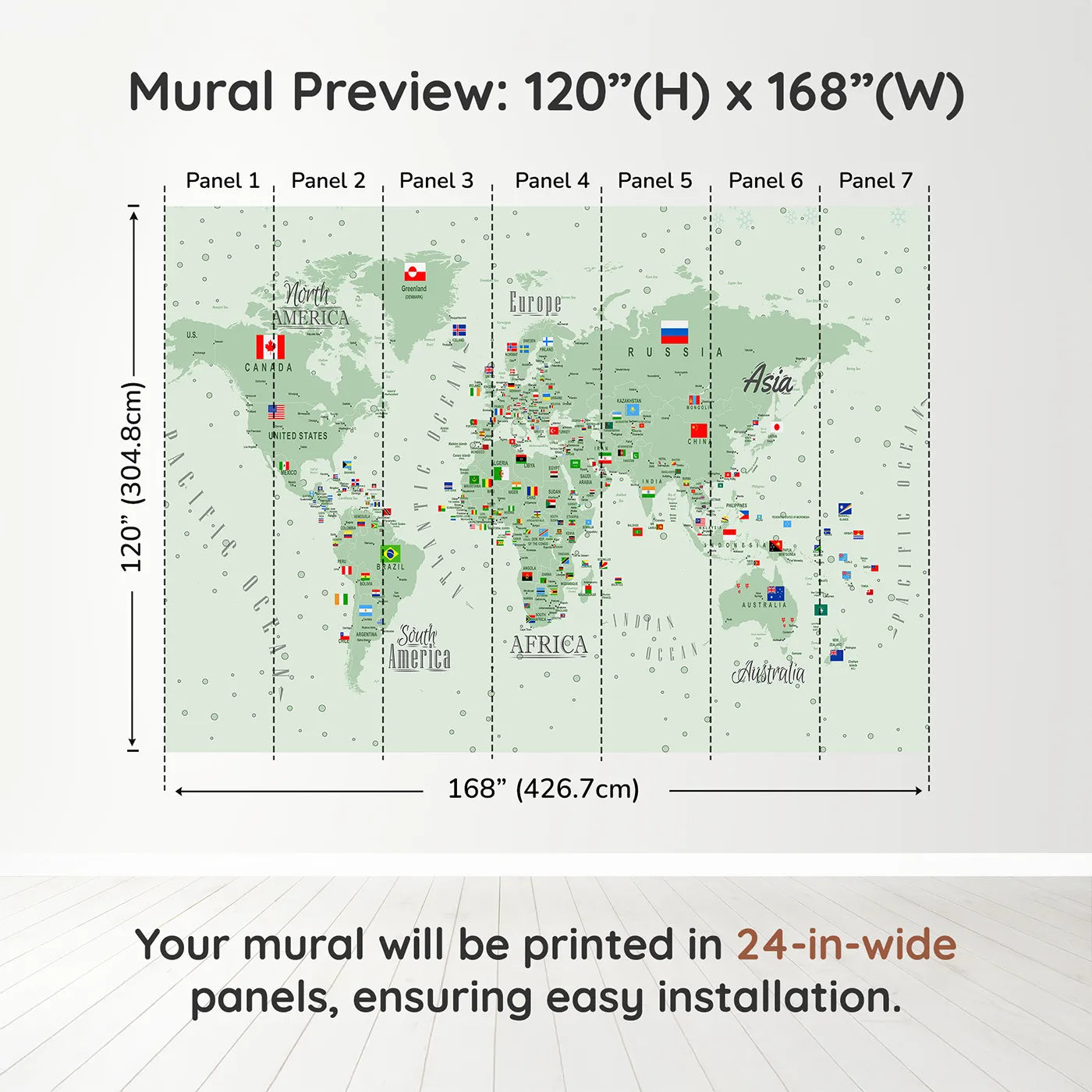 Whimsy Tots World Map with Flags and Pins Wall Muraldimension view (120" H x 168" W). Printed in seven 24-inch-wide panels. Gender-Neutral