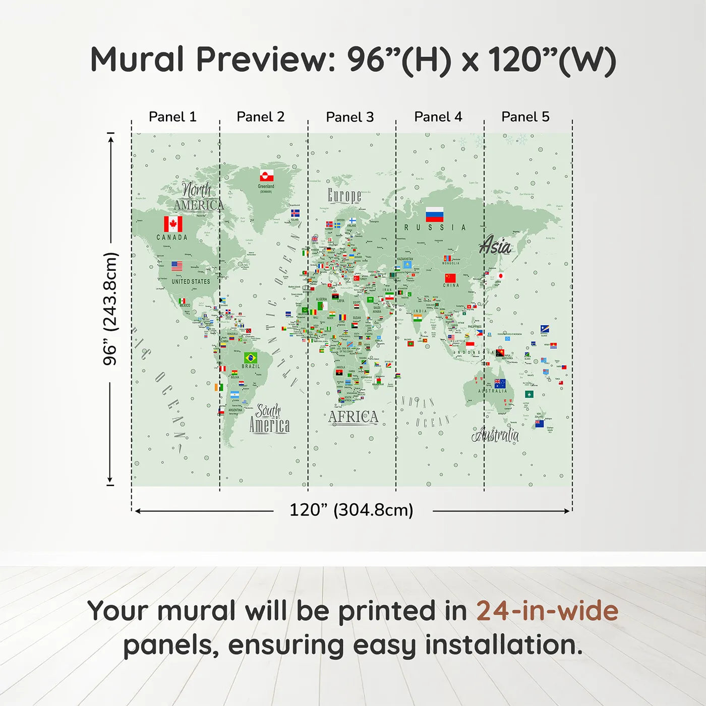 Whimsy Tots World Map with Flags and Pins Wall Muraldimension view (96" H x 120" W). Printed in five 24-inch-wide panels. Gender-Neutral