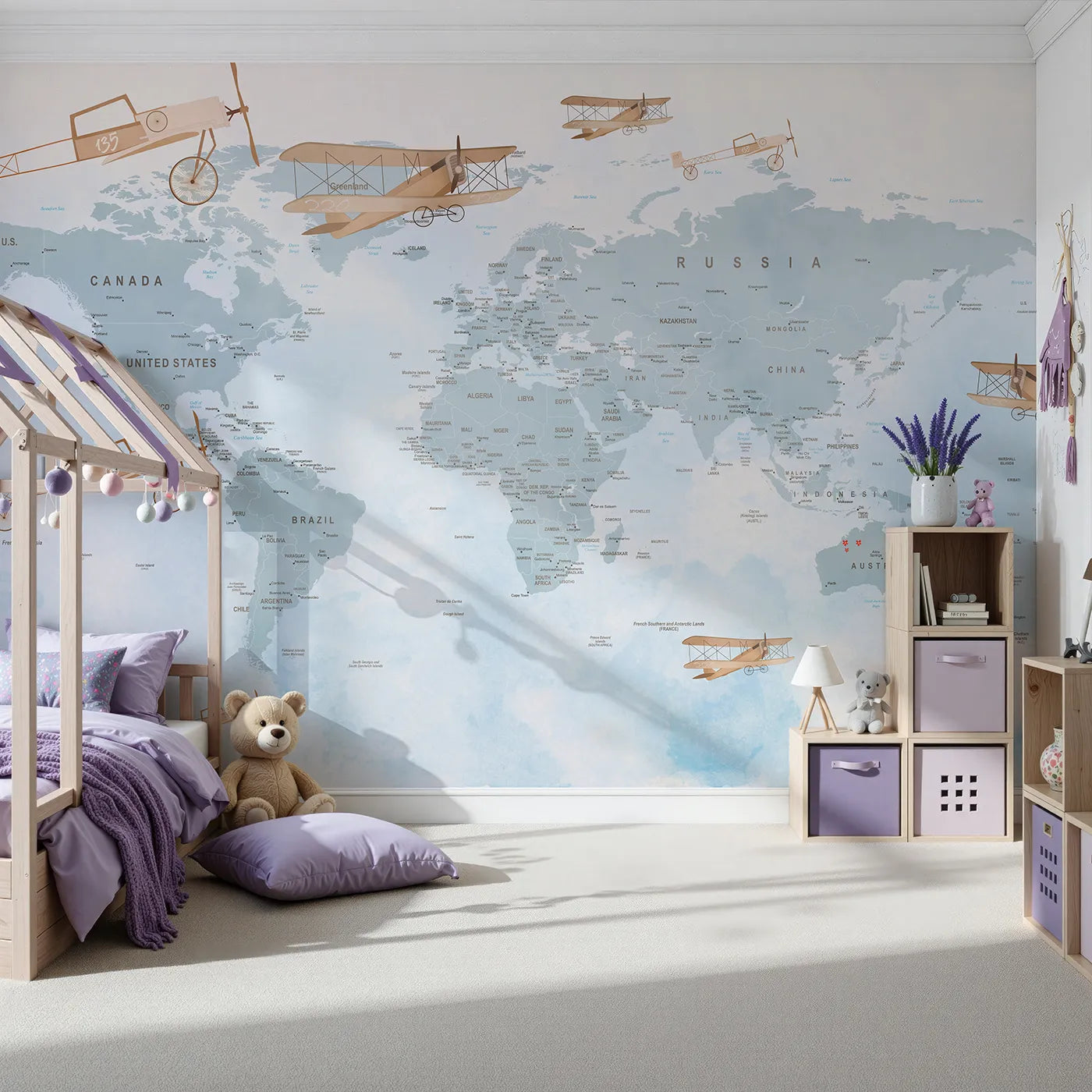 Front view of Whimsy Tots' Vintage Aviator World Map Wall Mural in Blue