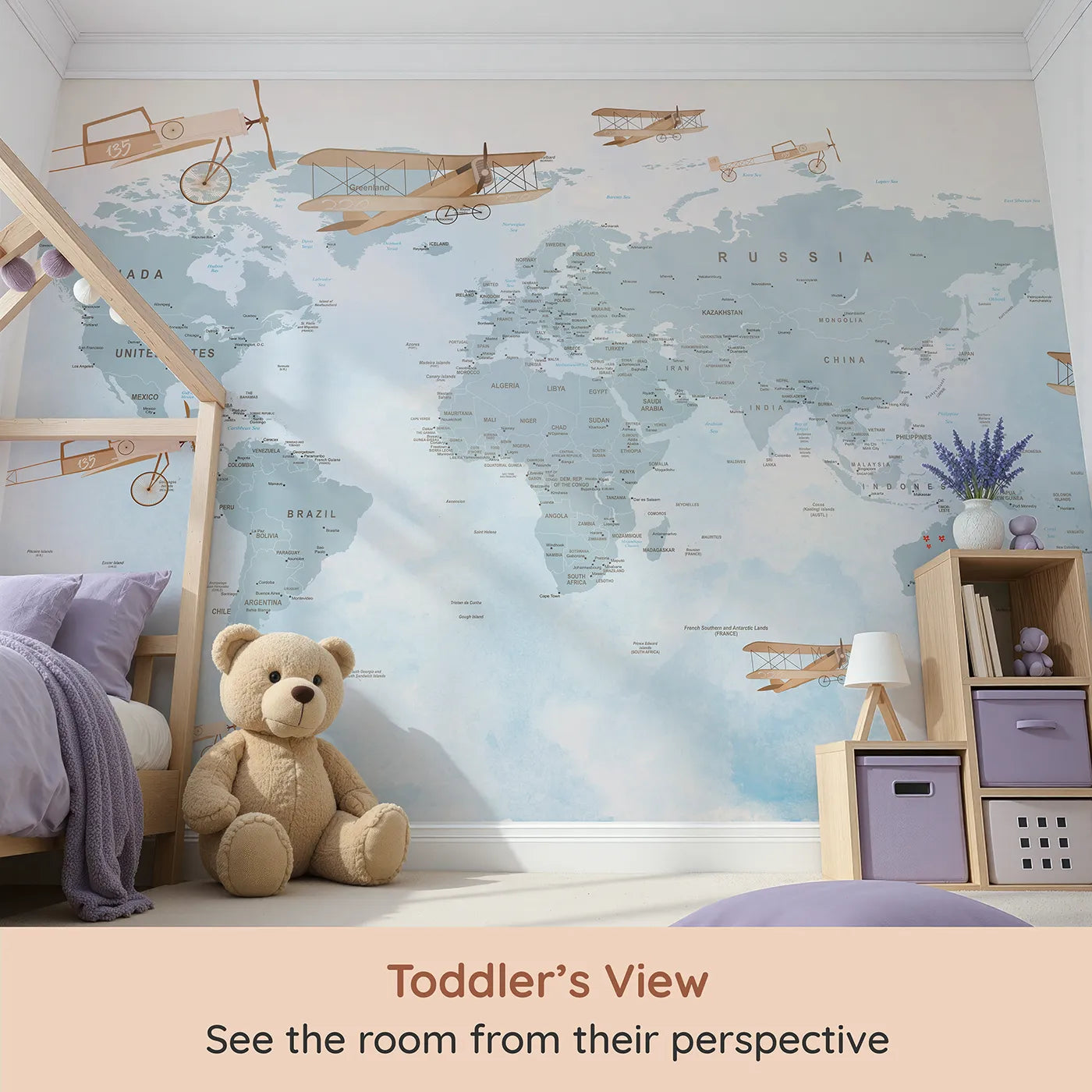 Whimsy Tots Vintage Aviator World Map Wall Mural in Blue (Turn Their Room into a Classic Explorer's Chart Room) from your child's view.Gender-Neutral