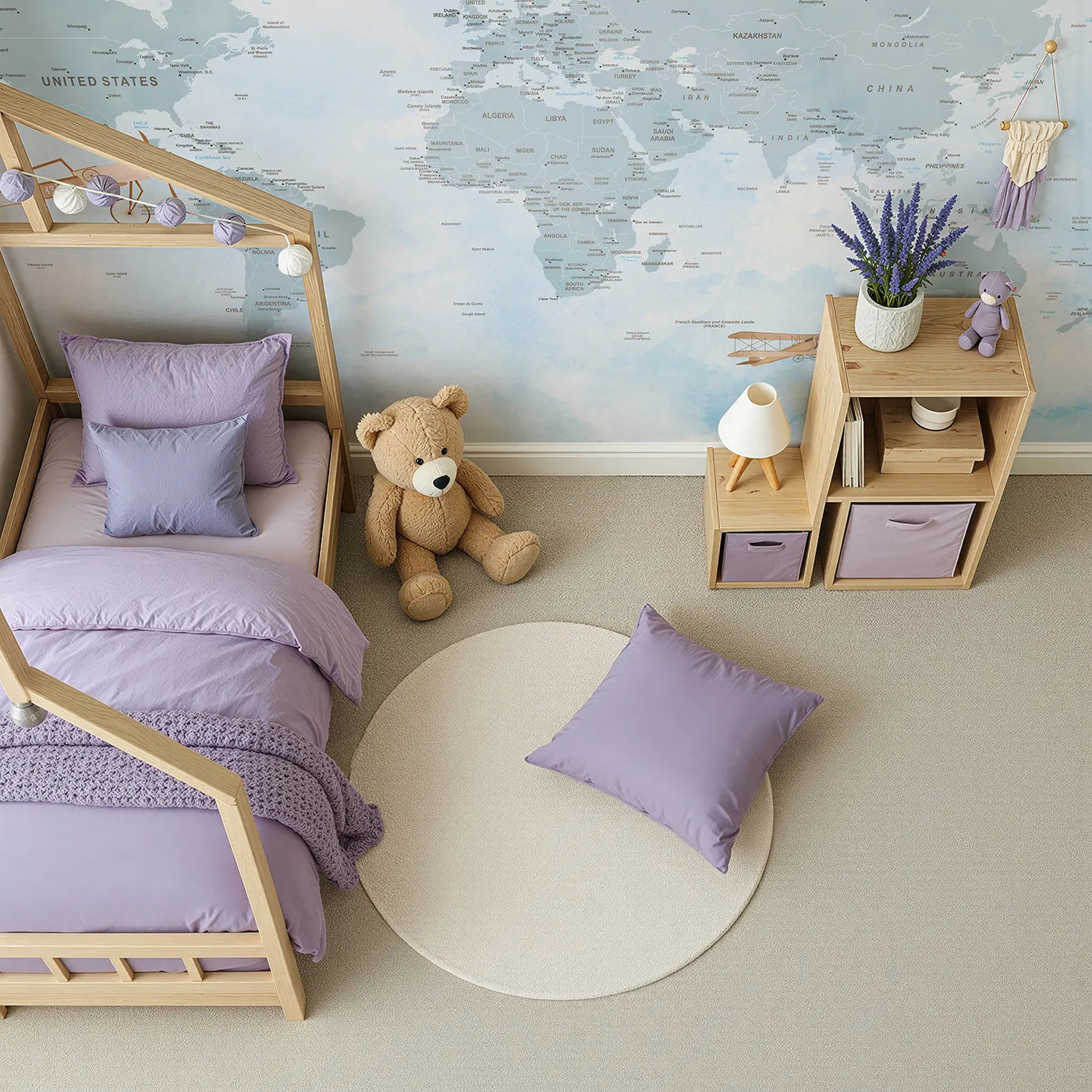 Top-down view of Whimsy Tots' Vintage Aviator World Map Wall Mural in Blue (Turn Their Room into a Classic Explorer's Chart Room).Gender-Neutral
