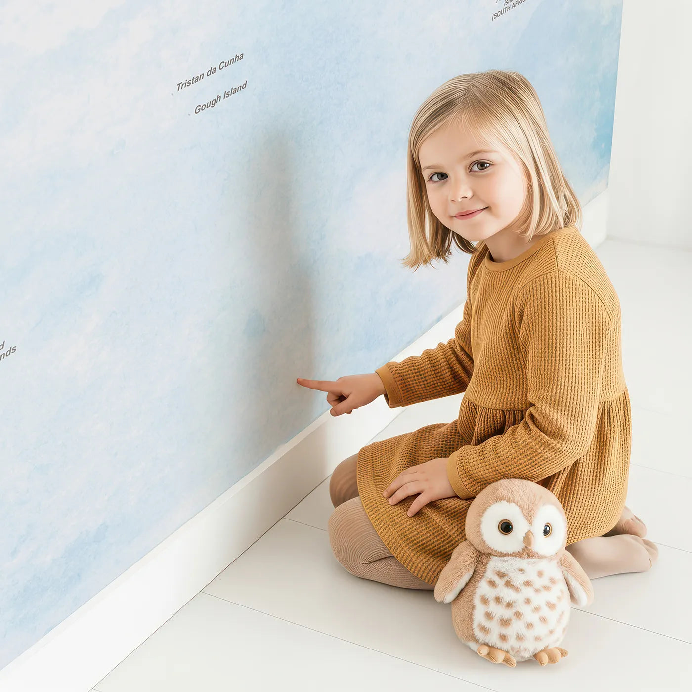 Child in front of Whimsy Tots Vintage Aviator World Map Wall Mural in Blue with map, world, airplane, vintage, travel, educational, biplane, blue in design.
