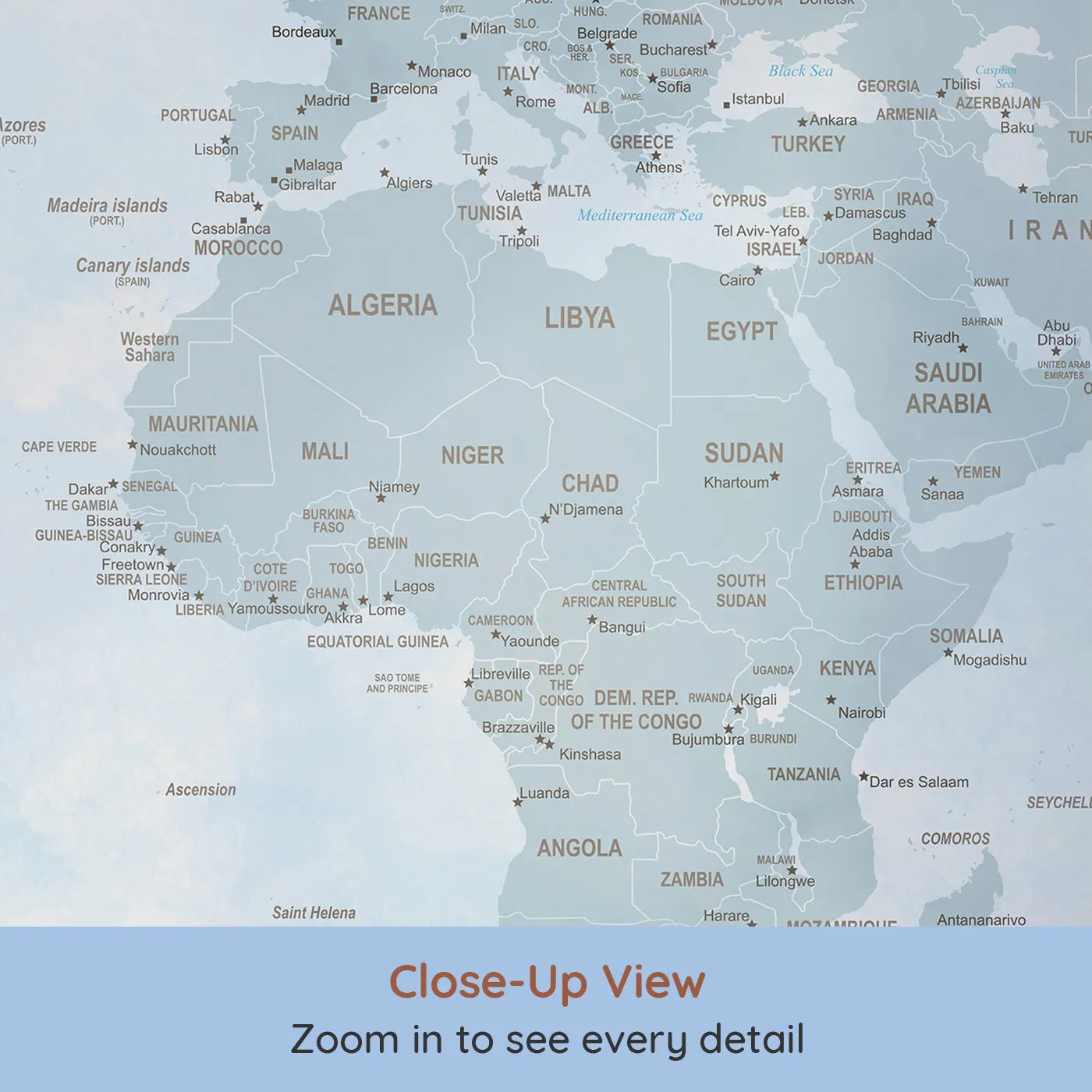 Close-up view of Whimsy Tots' Vintage Aviator World Map Wall Mural in Blue (Turn Their Room into a Classic Explorer's Chart Room).Gender-Neutral