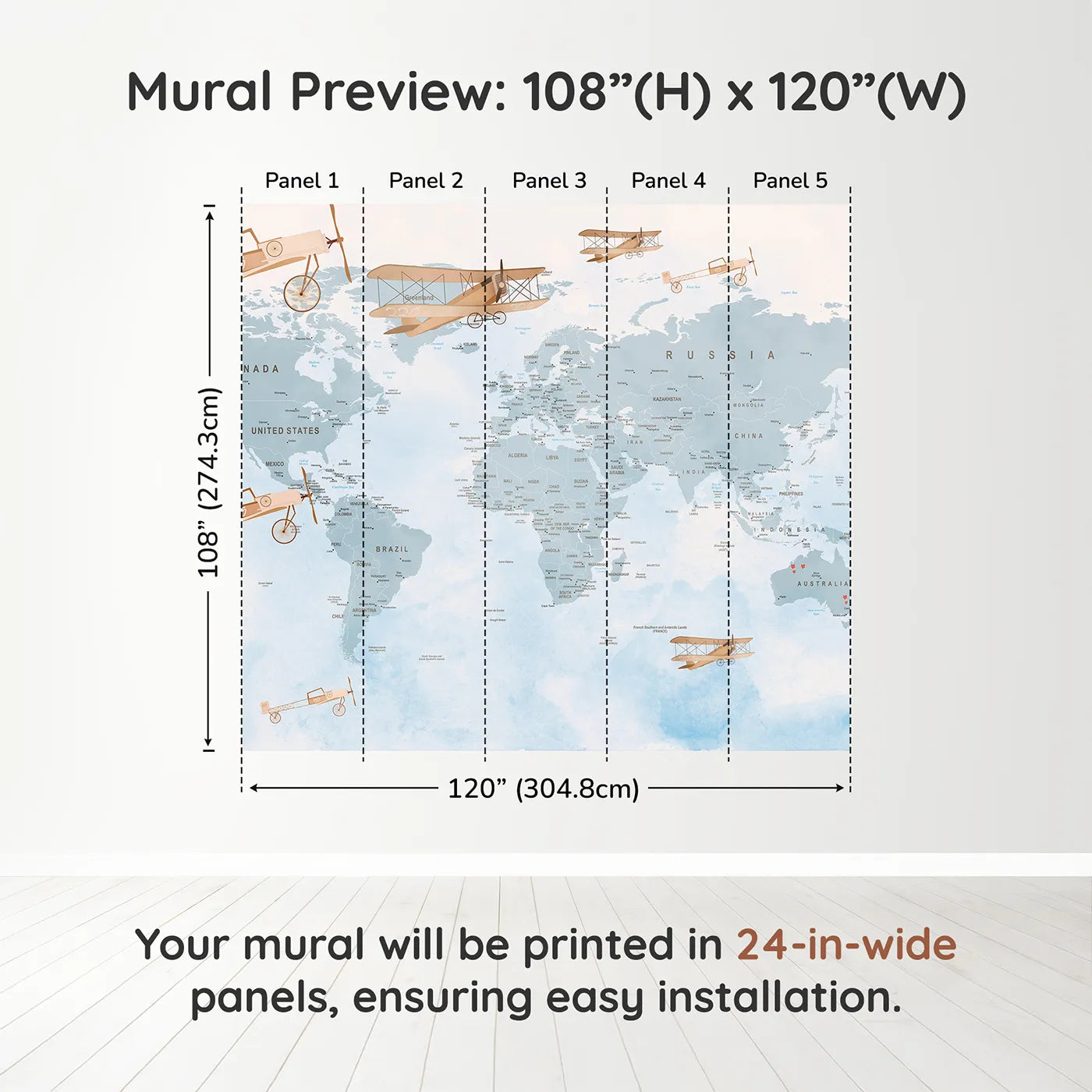 Whimsy Tots Vintage Aviator World Map Wall Mural in Bluedimension view (108" H x 120" W). Printed in five 24-inch-wide panels. Gender-Neutral