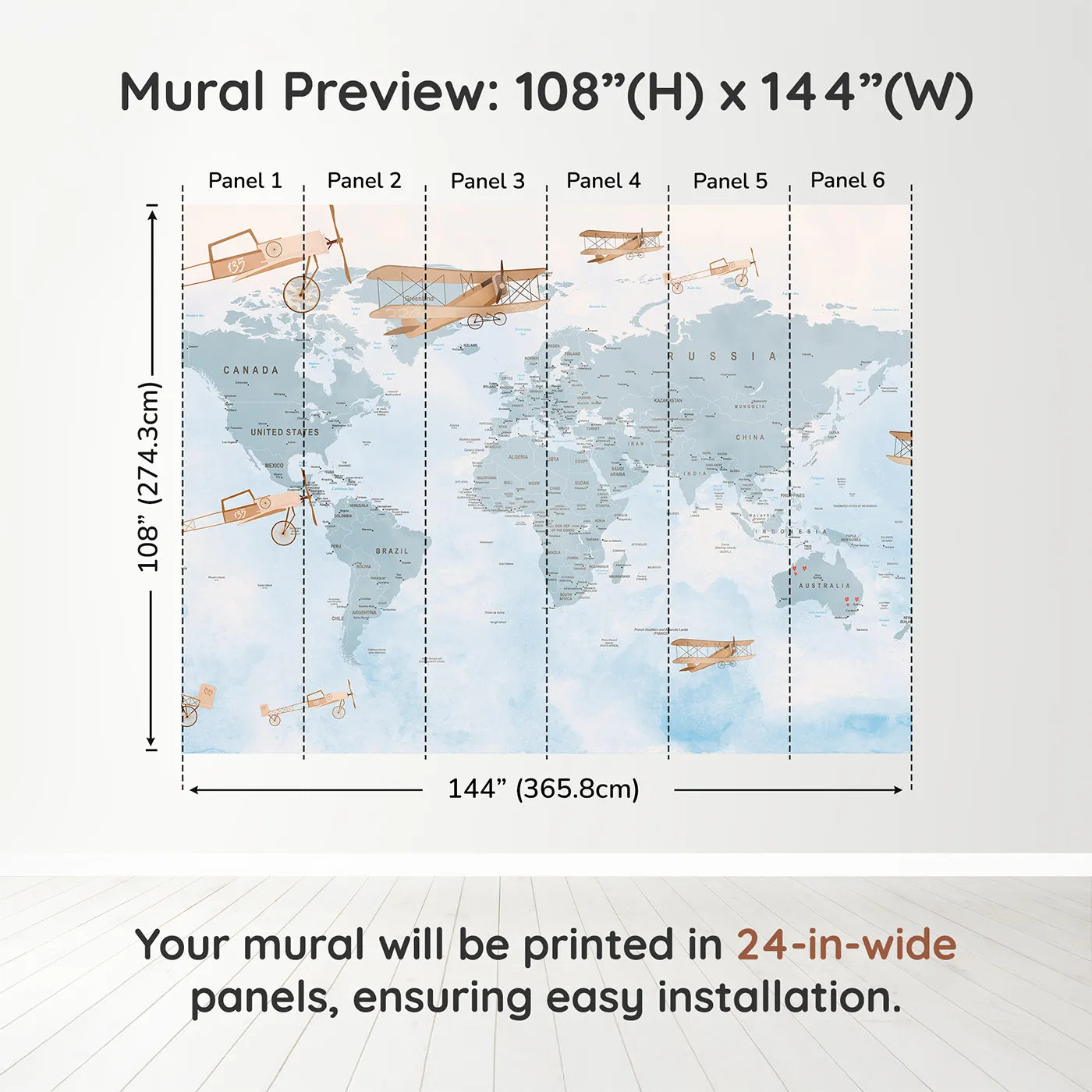 Whimsy Tots Vintage Aviator World Map Wall Mural in Bluedimension view (108" H x 144" W). Printed in six 24-inch-wide panels. Gender-Neutral