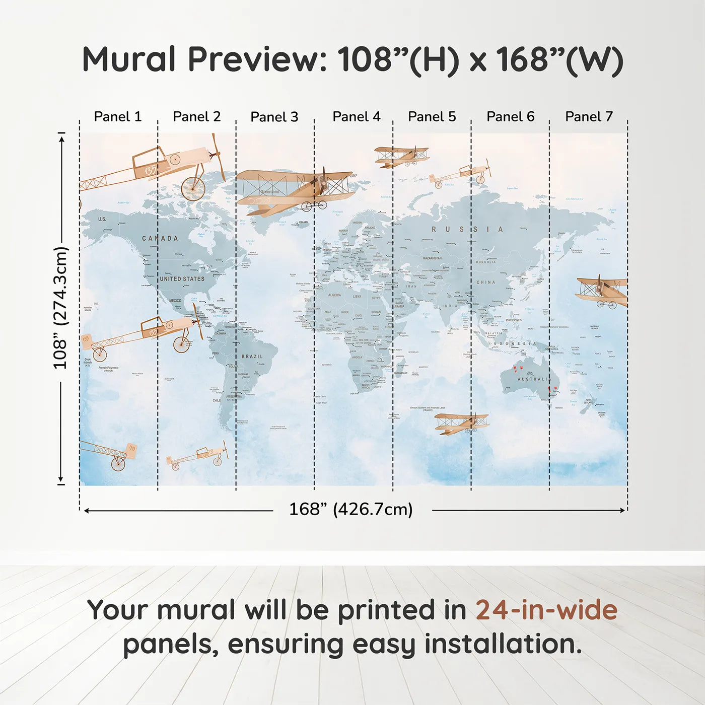 Whimsy Tots Vintage Aviator World Map Wall Mural in Bluedimension view (108" H x 168" W). Printed in seven 24-inch-wide panels. Gender-Neutral