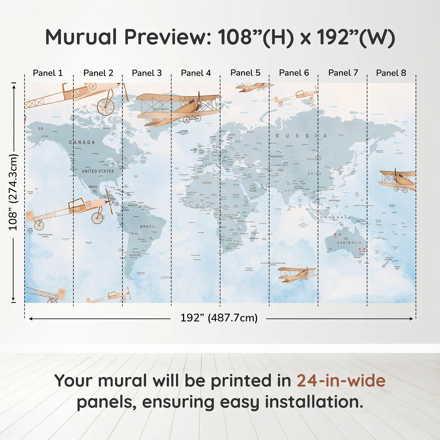 Whimsy Tots Vintage Aviator World Map Wall Mural in Bluedimension view (108" H x 192" W). Printed in eight 24-inch-wide panels. Gender-Neutral