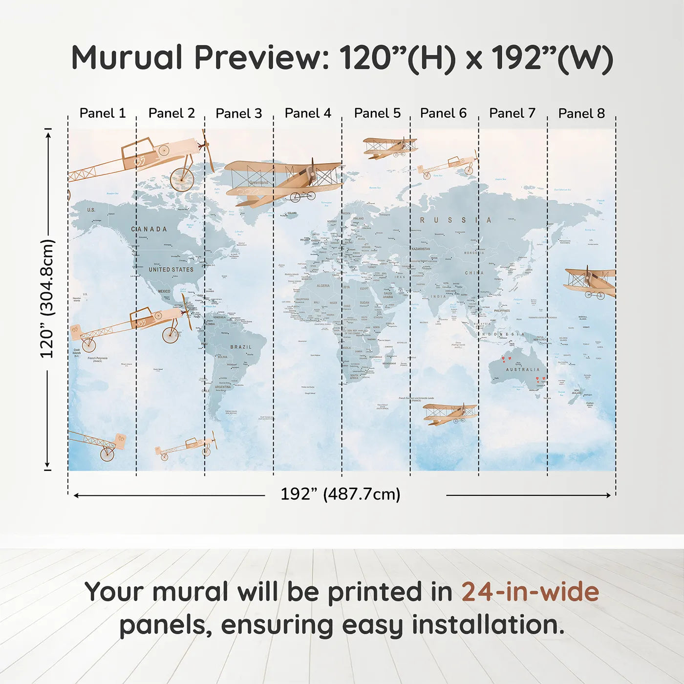 Whimsy Tots Vintage Aviator World Map Wall Mural in Bluedimension view (120" H x 192" W). Printed in eight 24-inch-wide panels. Gender-Neutral