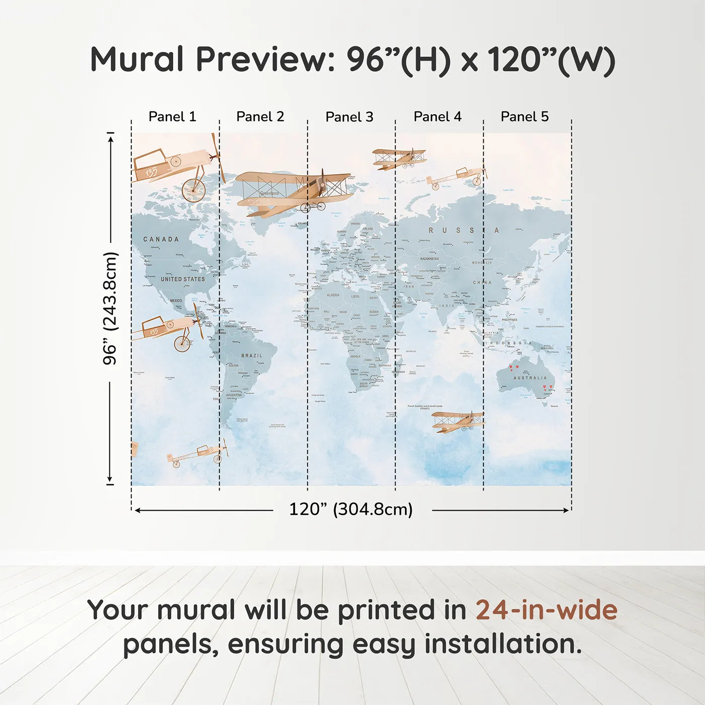Whimsy Tots Vintage Aviator World Map Wall Mural in Bluedimension view (96" H x 120" W). Printed in five 24-inch-wide panels. Gender-Neutral