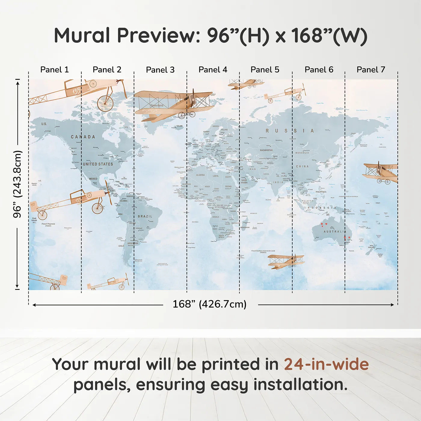 Whimsy Tots Vintage Aviator World Map Wall Mural in Bluedimension view (96" H x 168" W). Printed in seven 24-inch-wide panels. Gender-Neutral