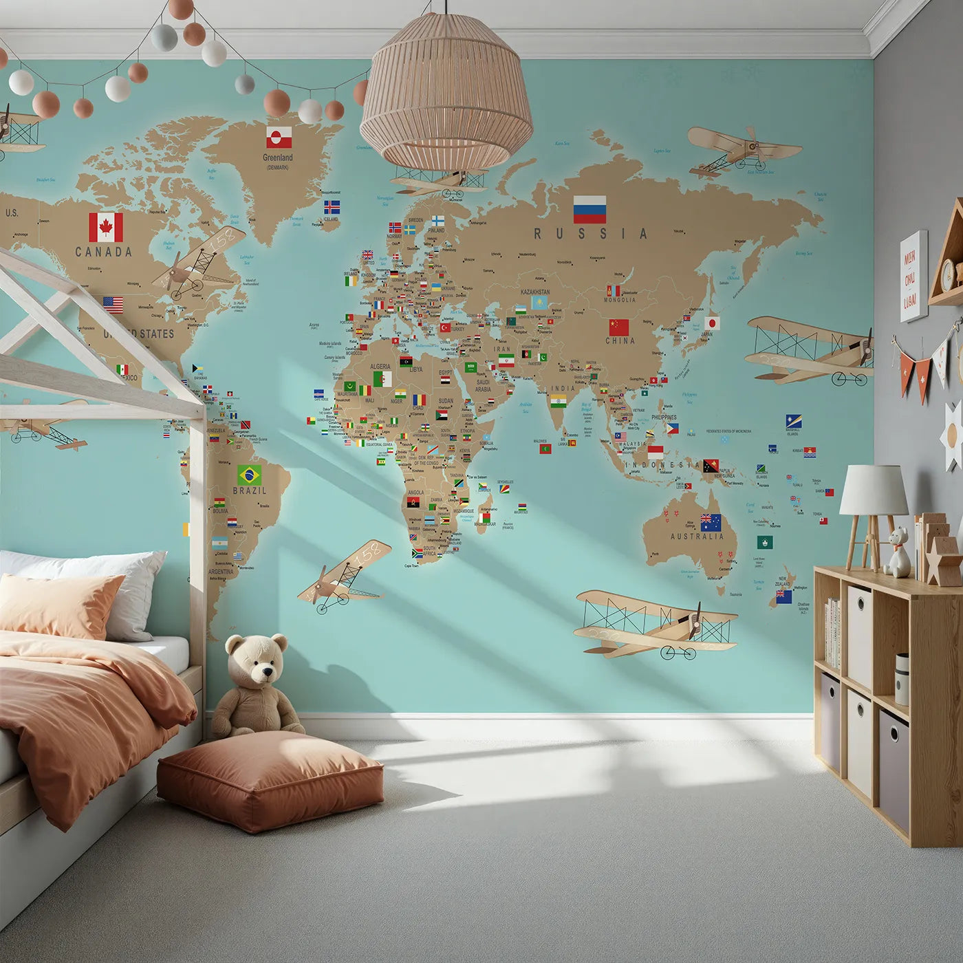 Front view of Whimsy Tots' Vintage Aviator World Map with Flags Wall Mural